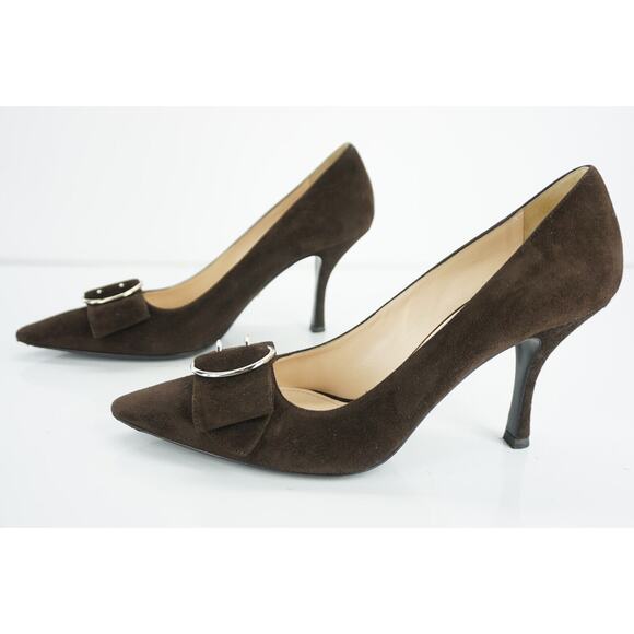 Prada Brown Suede Leather Pointy Bow Toe Heel Pumps Strap Bow - Picture 5 of 12